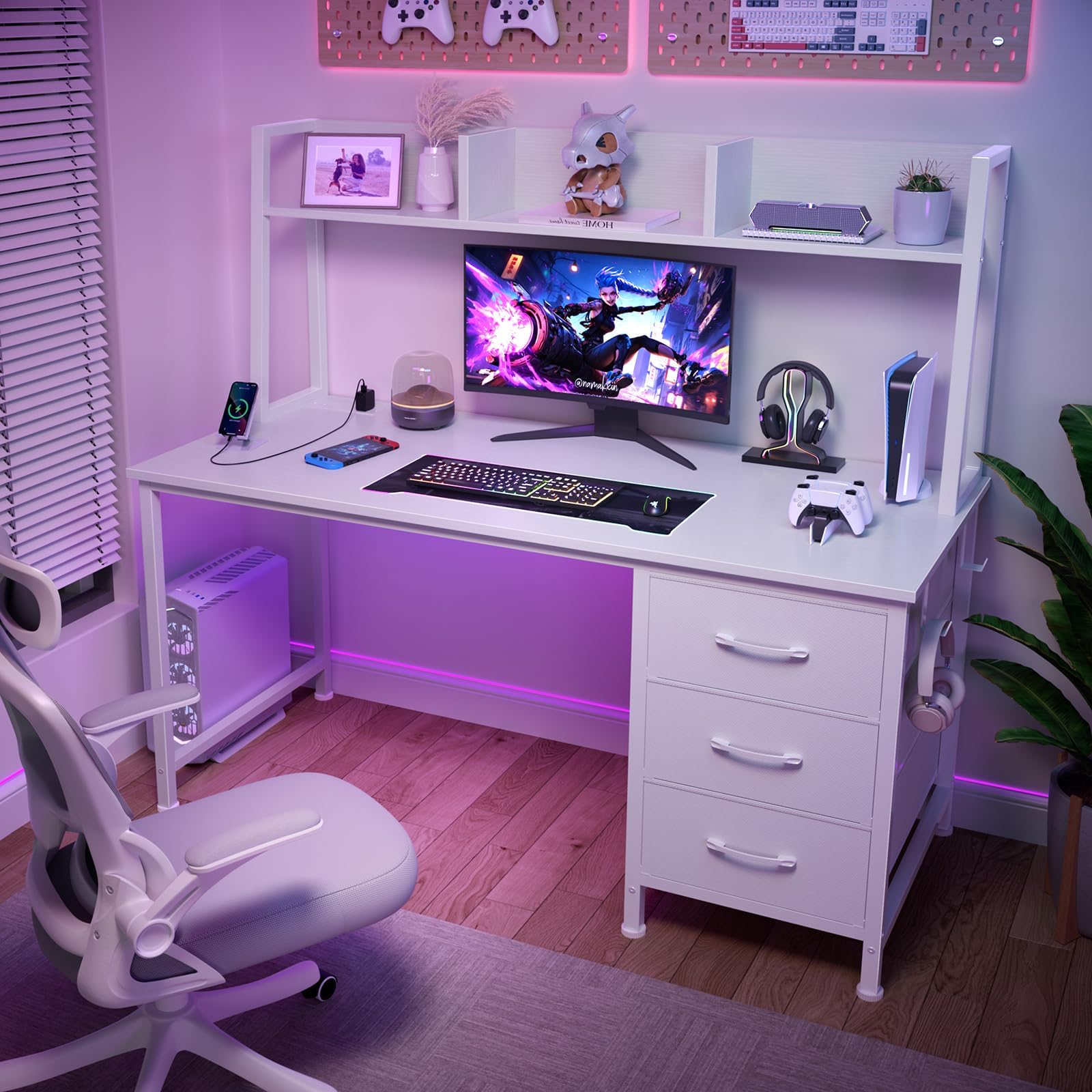 47" Computer Desk with Hutch, 3 Fabric Drawers & Power Outlets