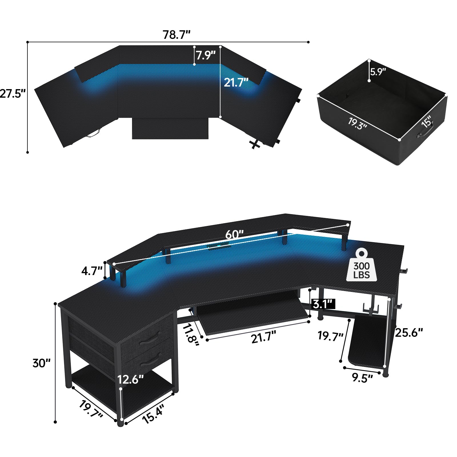 SEDETA 79" Gaming Desk, Computer Desk with 2 Fabric Drawers & LED Light, L Shaped Gaming Desk with Storage Shelf for Home Office, Carbon Fiber Black