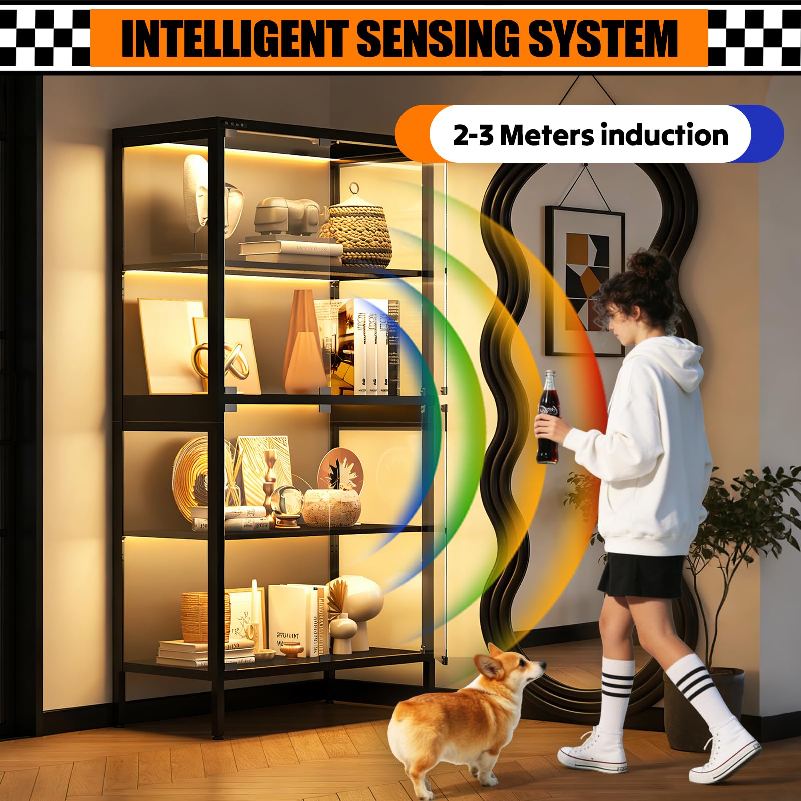 4-Tier Glass Display Cabinet with LED Lights