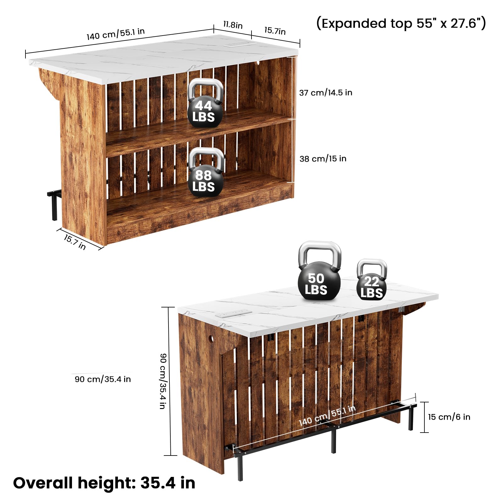 VAXZOFI Home Bar Unit with LED Lights and Charging Station, Imitation Marble Mini Coffee Bar Pub Table with 2-Tier Storage, Footrest, Drop Leaf Kitchen Islands for Dining Room, Bistro, Living Room
