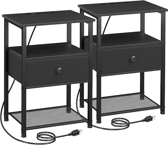 Nightstand Set of 2 with Charging Station & Fabric Drawer