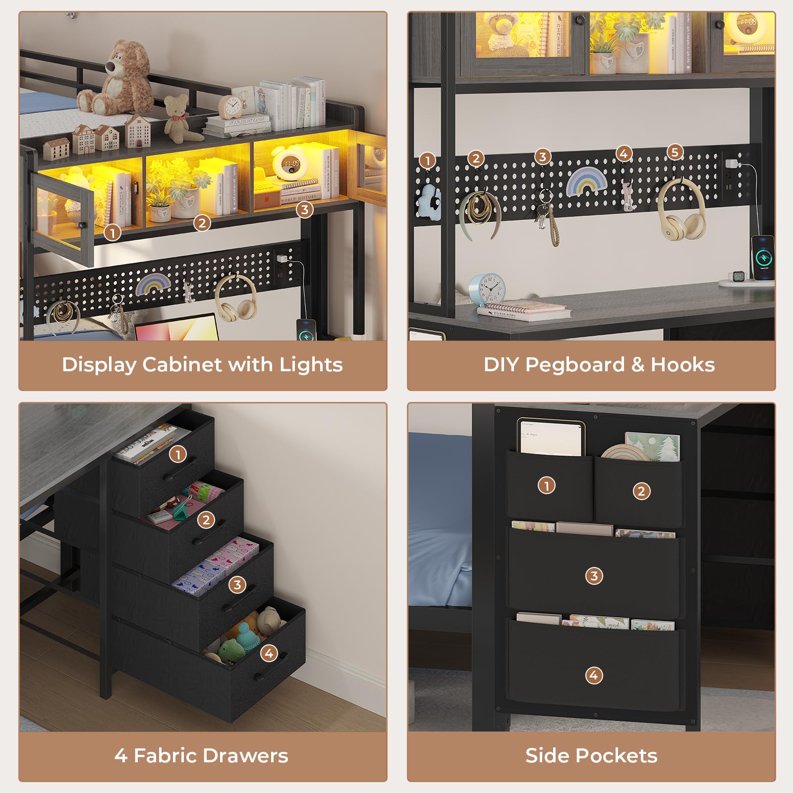 Twin Over Twin Bunk Bed with Desk & LED Light