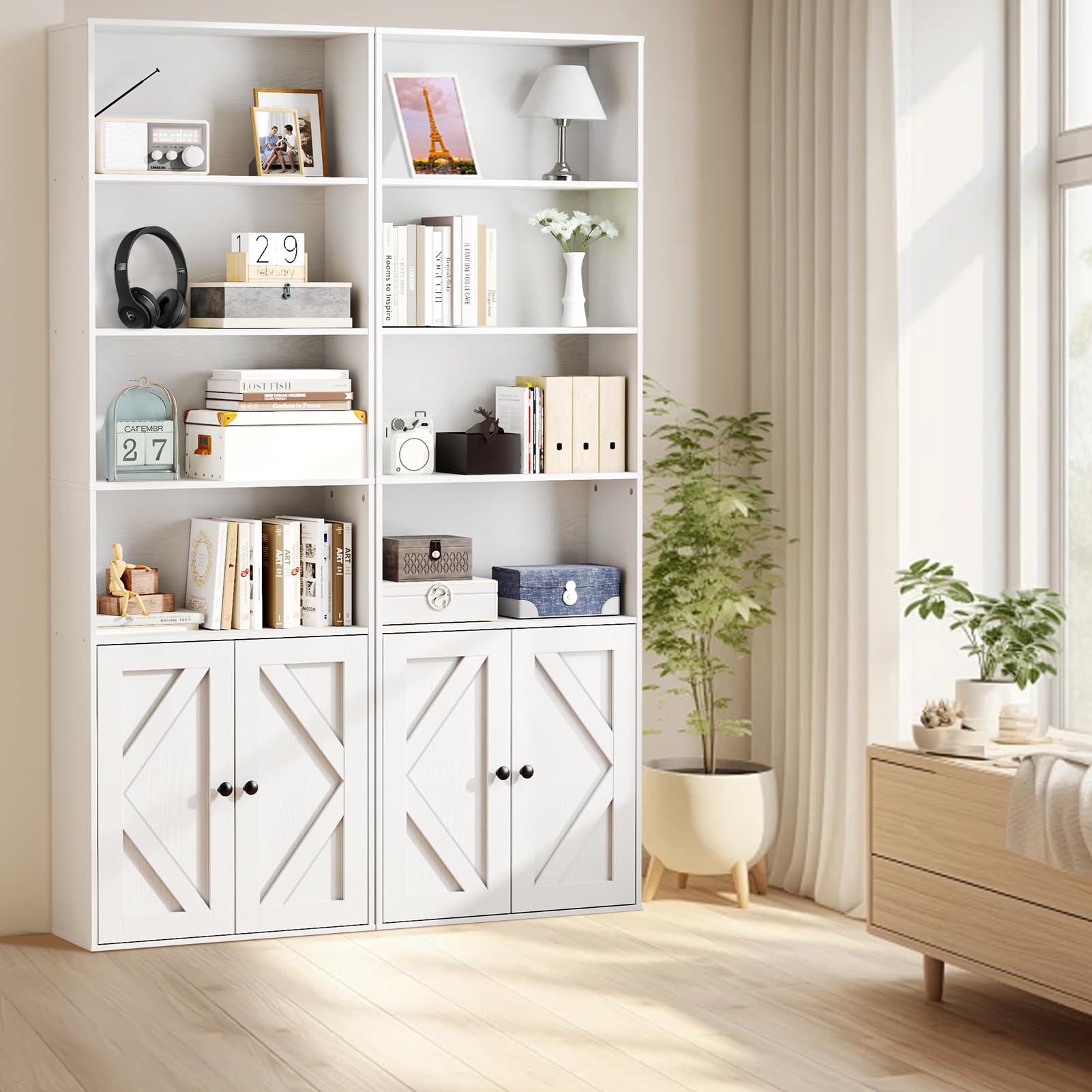 Shoueryaes Bookshelf, 6-Tier Floor Bookcase with 2 Bottom Doors, 9.29"x23.62"x70.86", Storage Cabinet Bookshelves for Home Office, Living Room, Bedroom-White
