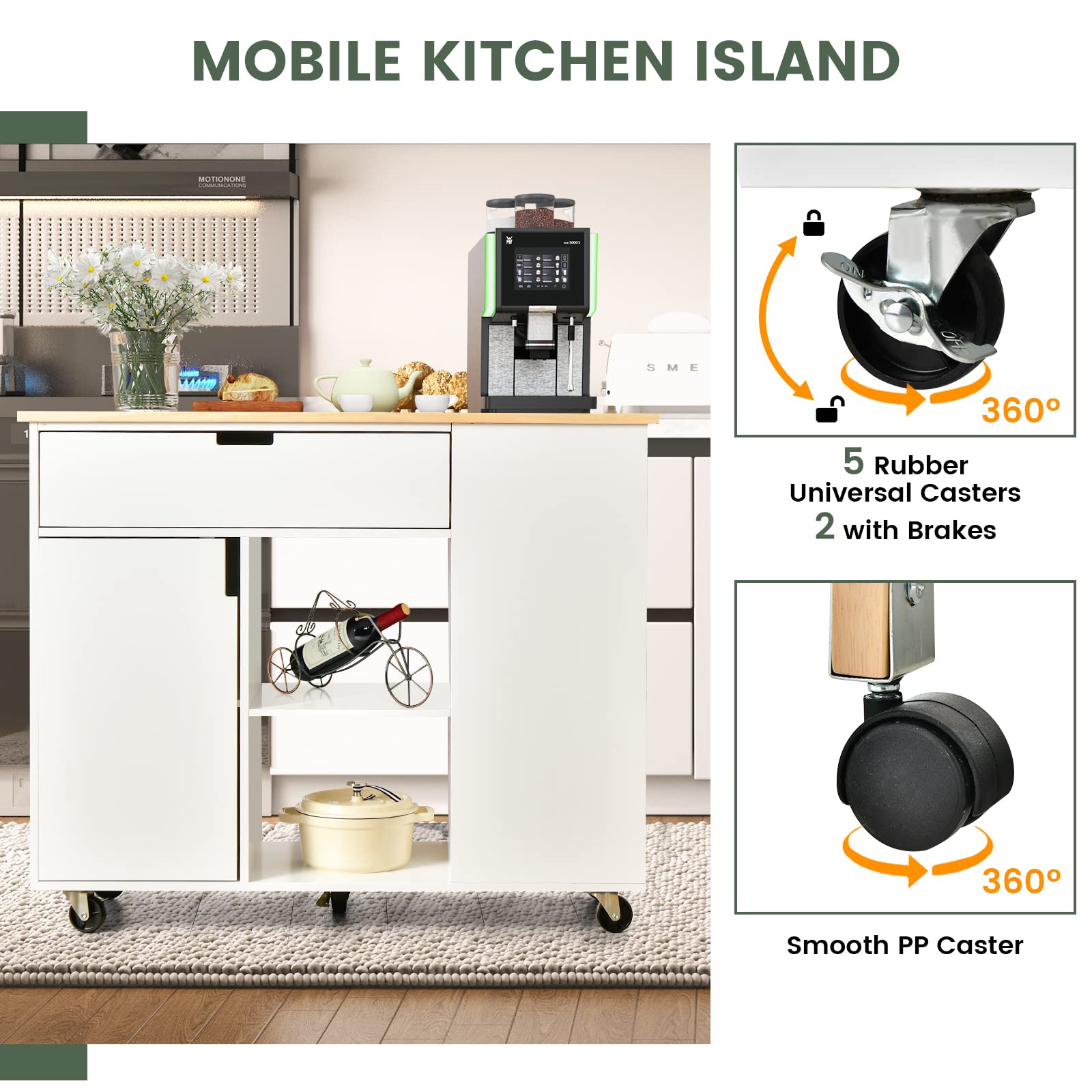 LOKO Kitchen Island with Drop Leaf, Rolling Kitchen Storage Cart with Drawer, Cabinet, 6 Open Shelves, Spice Rack & Towel Bar, Rolling Kitchen Island with Storage & Lockable Wheels (White)