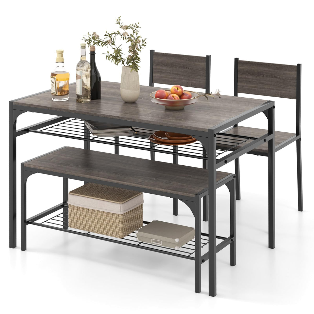 COSTWAY Dining Table Set for 4 with Bench & 2 Chairs, Storage Racks, Grey