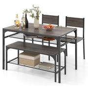 COSTWAY Dining Table Set for 4 with Bench & 2 Chairs, Storage Racks, Grey