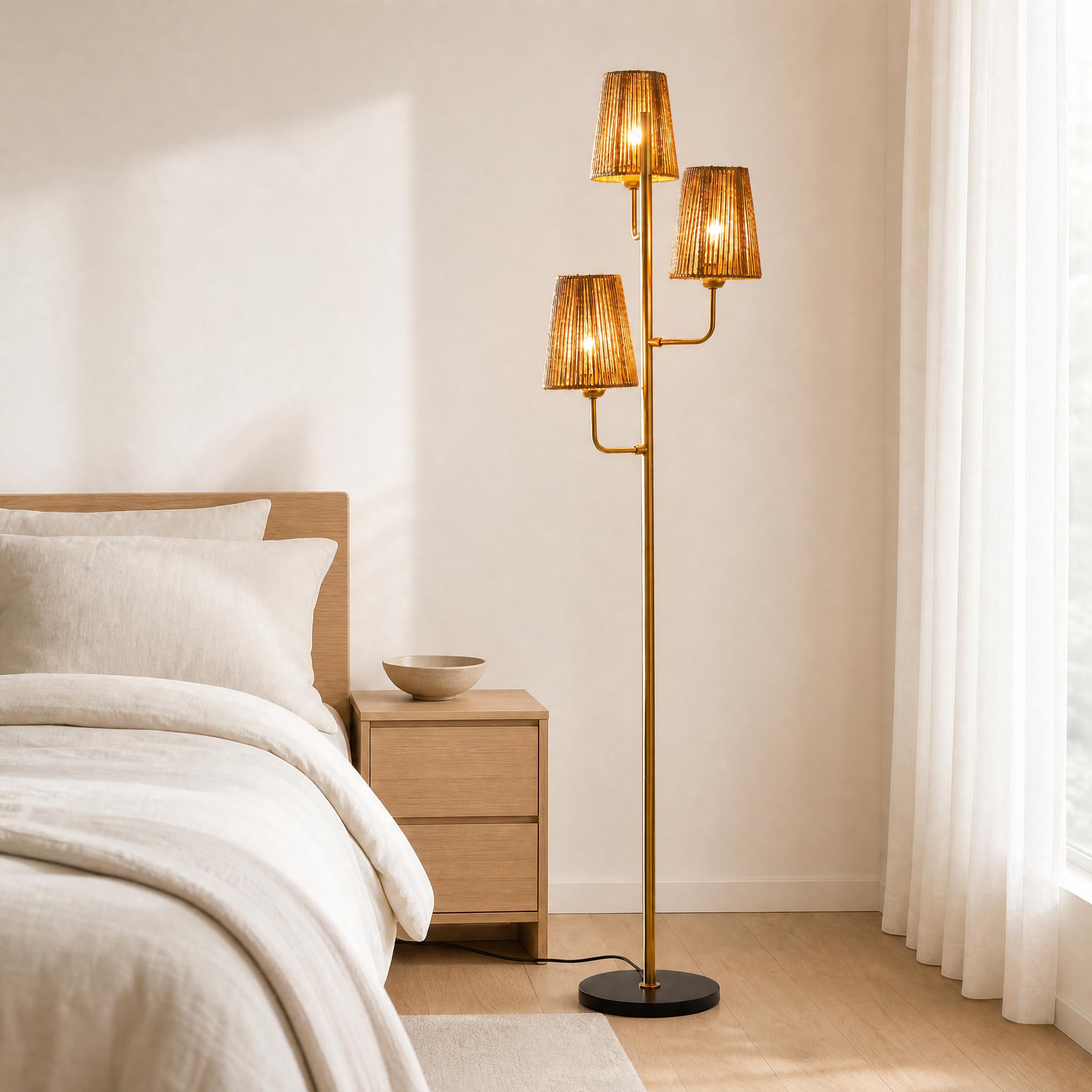 XZHGCEE Rattan Floor Lamp for Living Room:3 Light Boho Floor Lamp for Bedroom, Gold Standing Lamp with Foot Switch, Coastal Rustic Tall Lamp, No Bulb