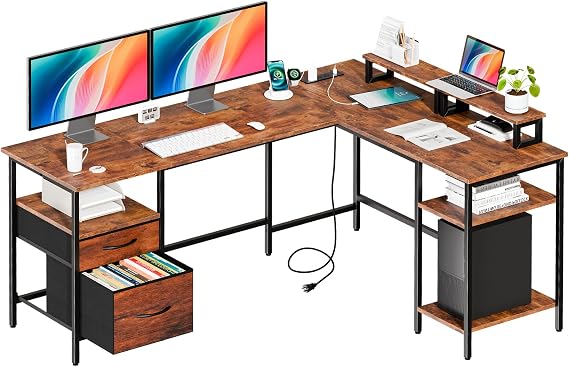 Reversible L-Shaped Desk with Power Outlets