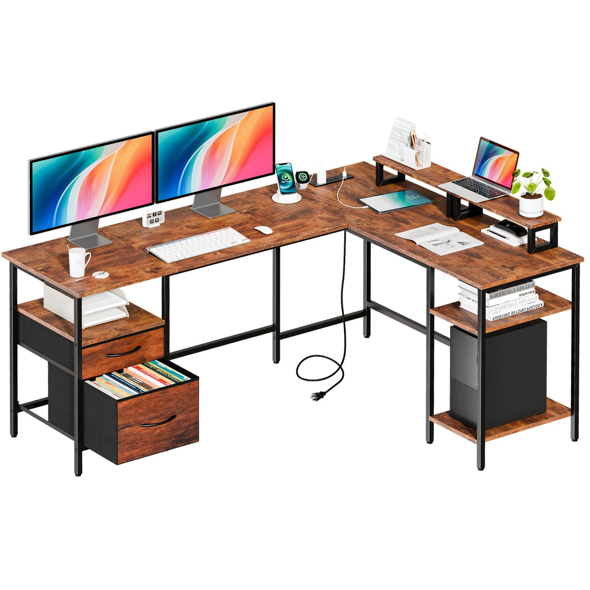 Reversible L-Shaped Desk with Power Outlets