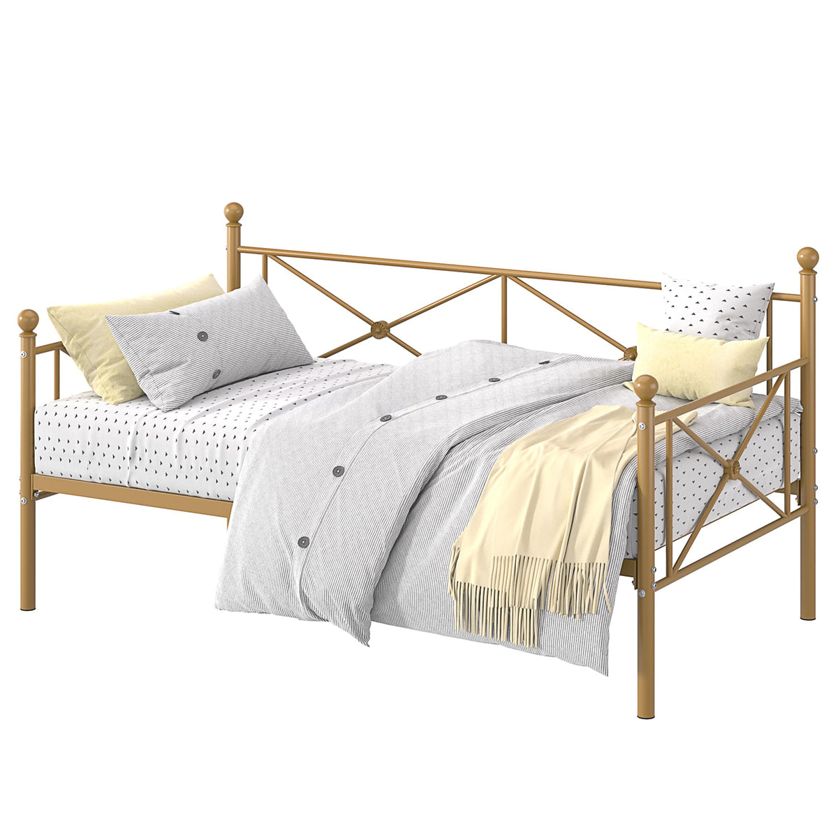 VECELO Daybed Twin Size, Day Bed Frame with Headboard, Heavy-Duty Metal Slats Support Platform for Living Room, Guest Room, Easy Assembly, Gold