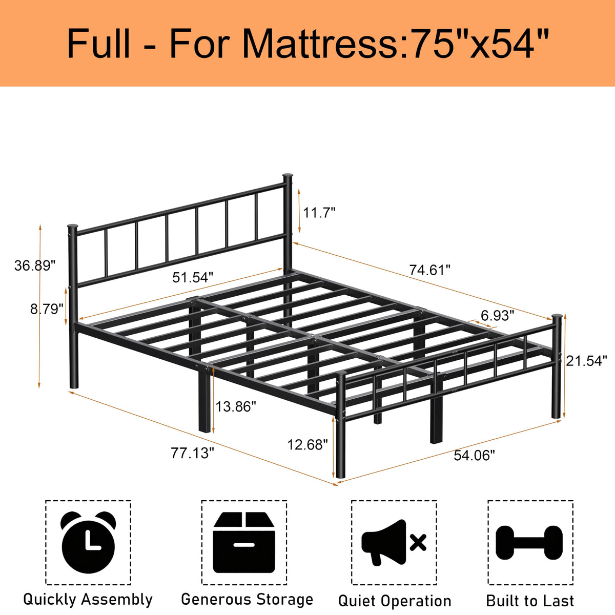 ZASHONT Full Bed Frame with Headboard,Steel Slat Support,Easy Assembly