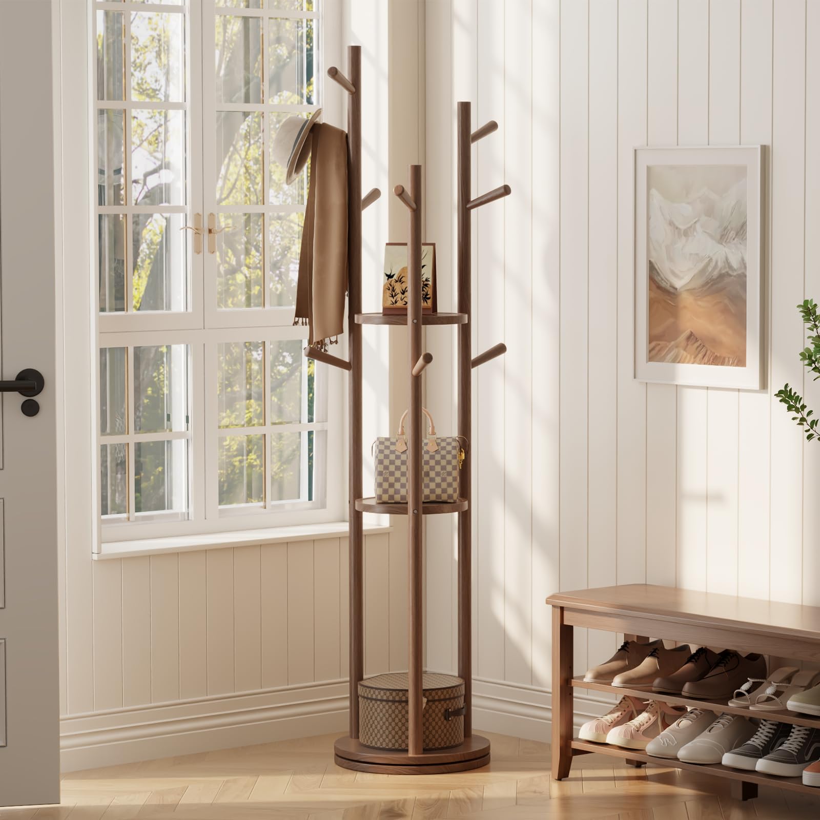 Rotating Freestanding Coat Rack with 3 Shelves & 9 Hooks