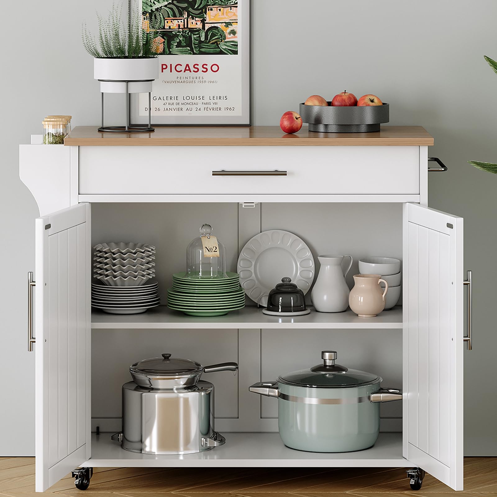 Soscana Kitchen Island with Storage, Wooden Rolling Kitchen Island On Wheels with Wood Top, Mobile Kitchen Bar Cart Cabinet with Towel Rack, Spice Rack and Drawers, White