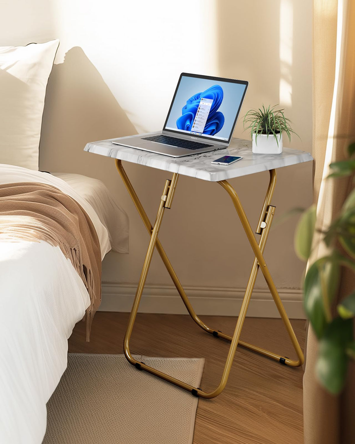 HUANUO Folding TV Tray Table, No Assembly TV Tray with Marble-Look Top