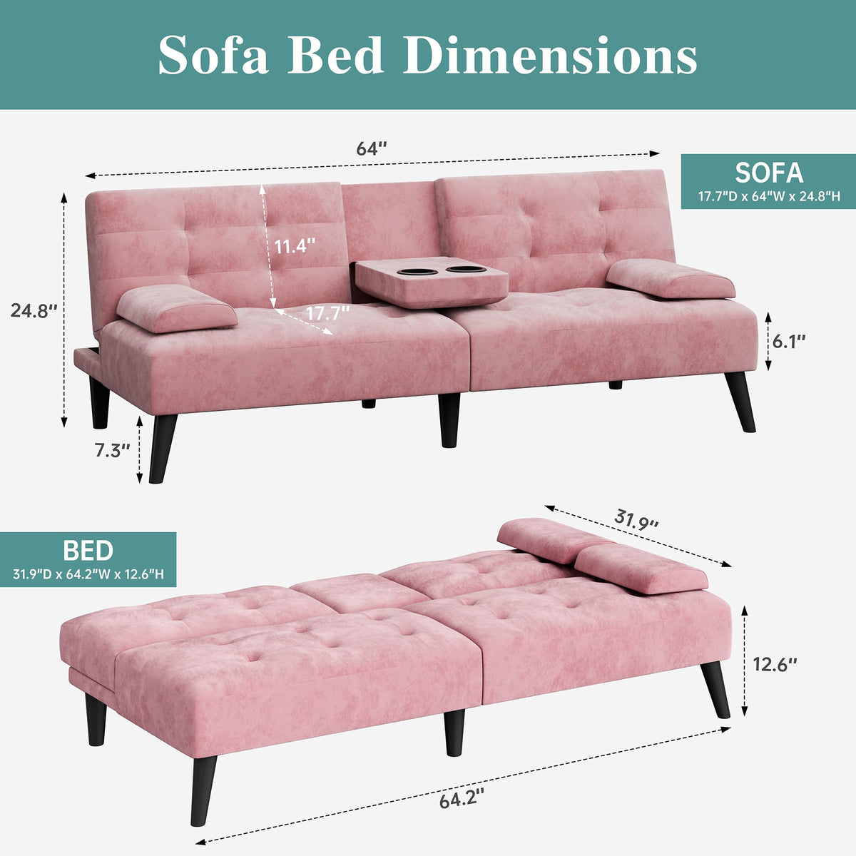 Meilocar Futon Sofa Bed, 64 in Small Couch with Cup Holders, Pink