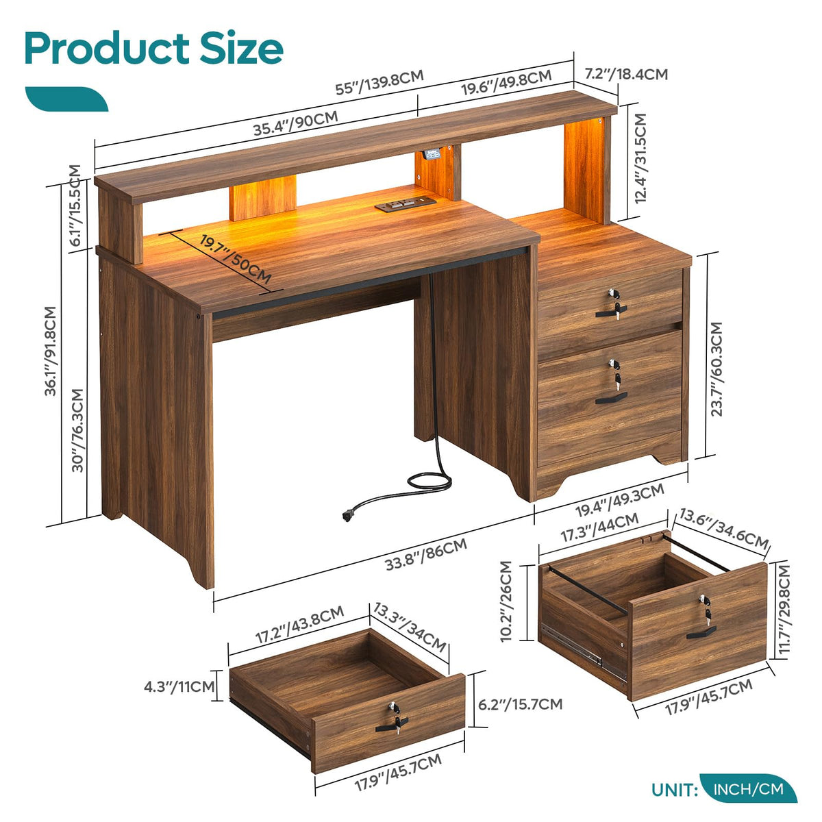 Bestier 55-Inch Computer Desk with Lock File Drawer & Charging Hub, Walnut