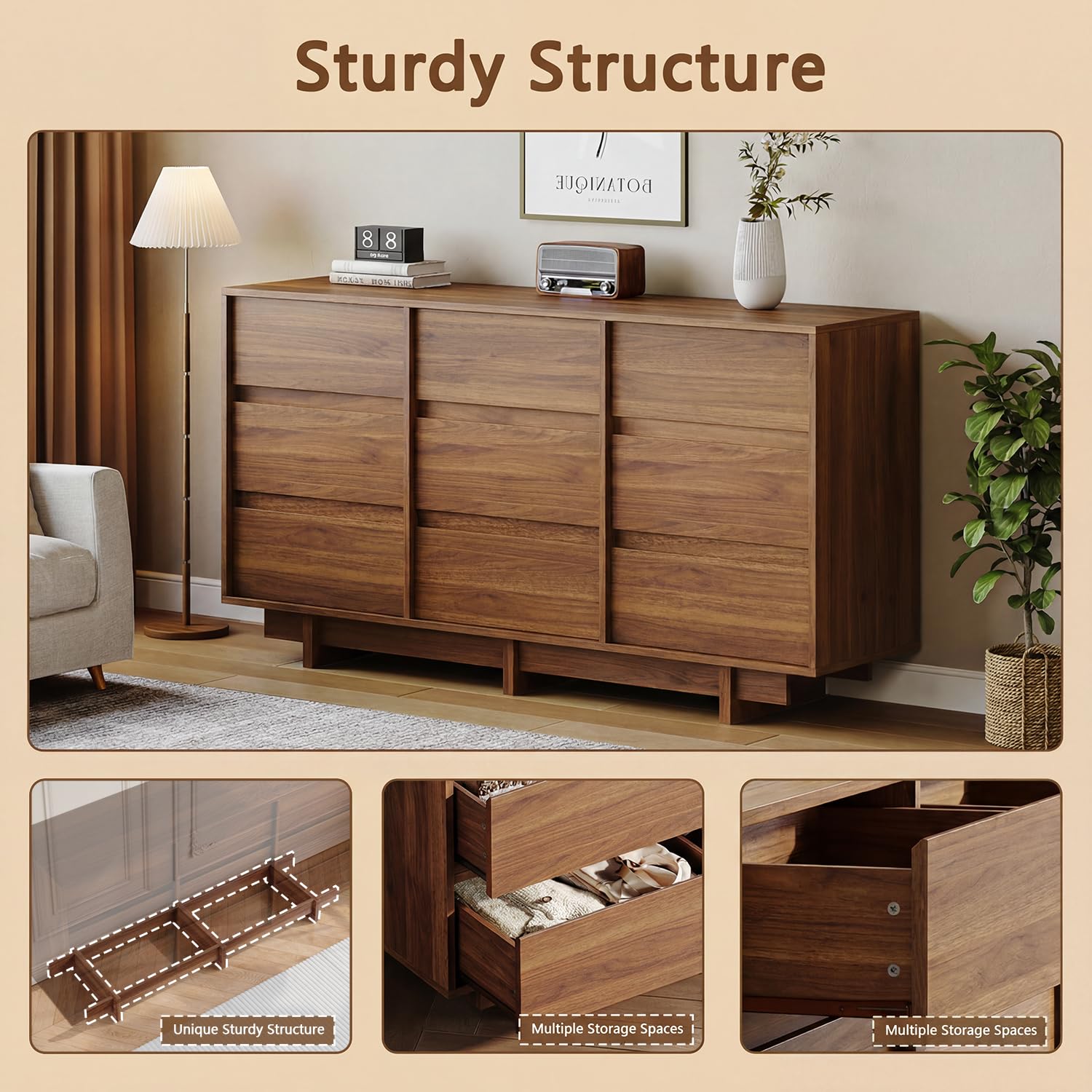 HOUROM Walnut Dresser for Bedroom with 9 Drawers,59" Wide Modern Dressers Chest of Drawers,Sturdy Base,Minimalist Linear Design,Wooden Closet Clothes Organizer for Bedroom,Hallway