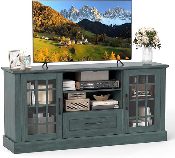 Farmhouse TV Stand with Glass Cabinets & Drawer