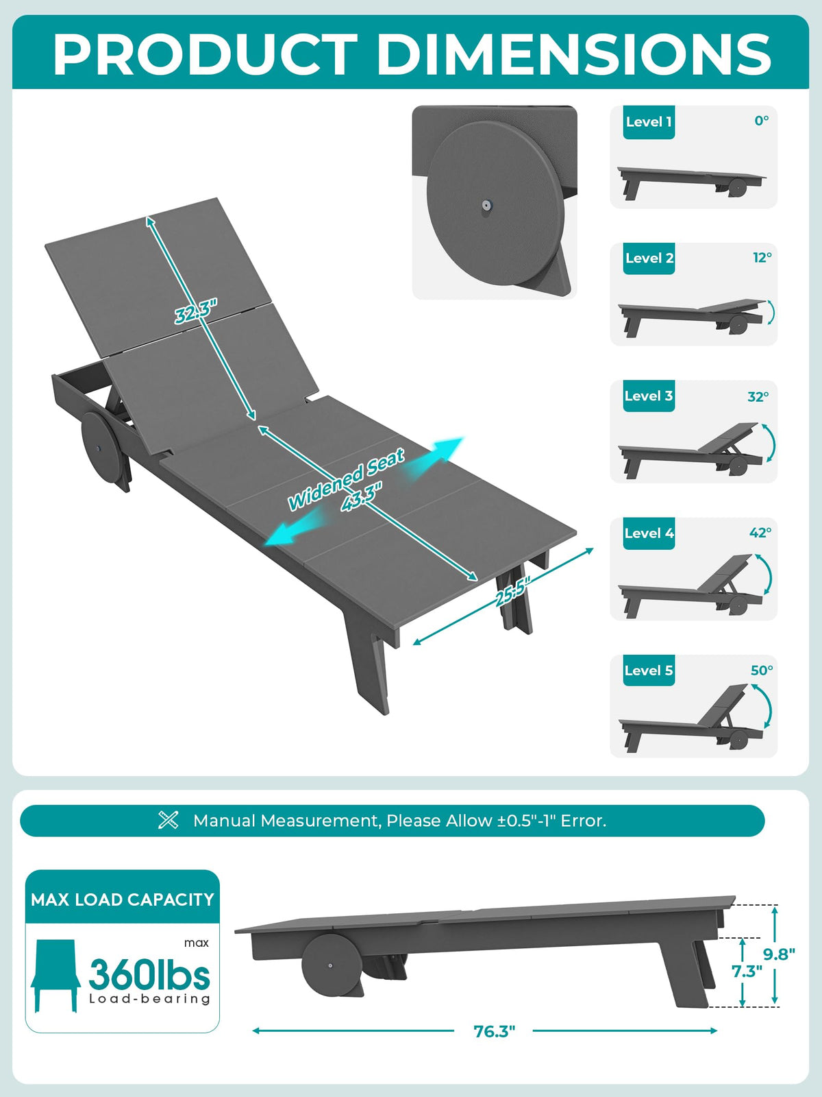 SERWALL Outdoor Chaise Lounge Chair Set of 2, Modern Armless Lounger for Pool, Grey