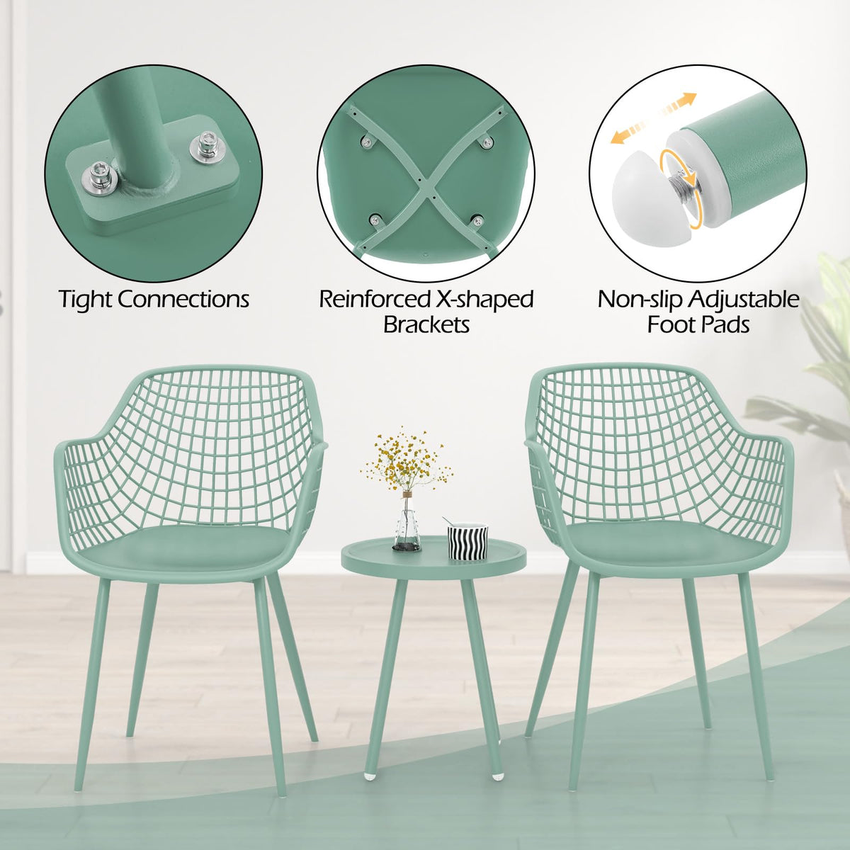 Tangkula 3 Piece Patio Bistro Set, All Weather Heavy Duty Table and Chairs Set of 2 with Widen Seats, Outdoor Furniture Set for Porch, Balcony, Backyard (Green)