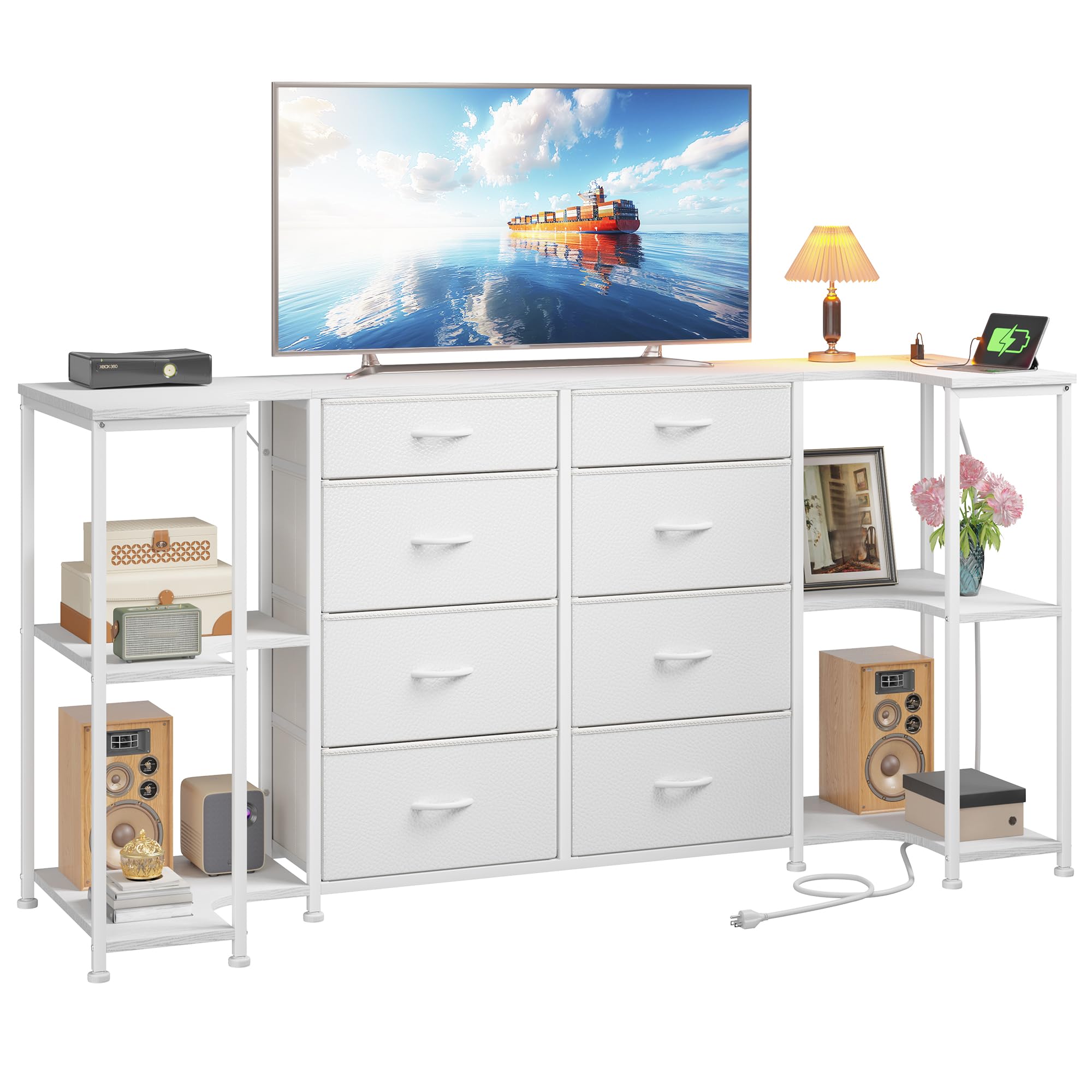 White Dresser for Bedroom with Charging Station,8 Drawer TV Stand for 55 65 75 inch TV,3-in-1 Configurable U-Shape/L-Shape/Linear,Large Chest of Drawers with 5 Storage Shelves for Gaming Room,Hallway