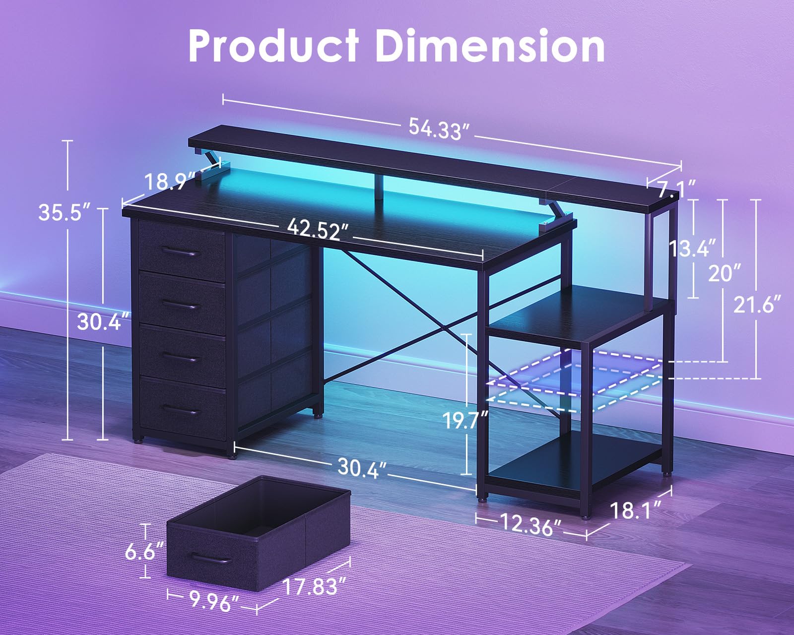 55" Computer Desk with LED Lights & 4 Drawers
