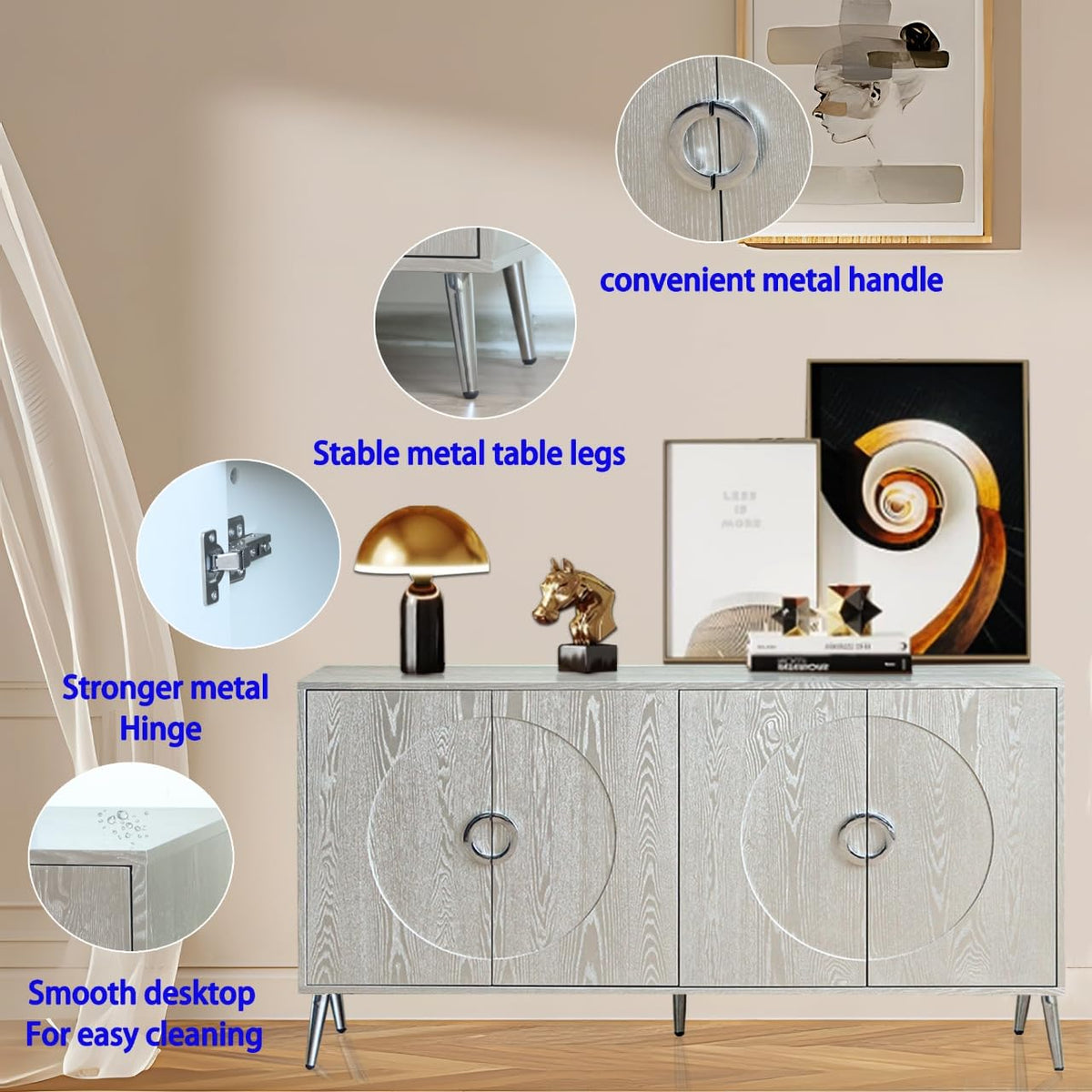 YJNKU Wooden Cabinet Sideboard Buffet Server Cabinet,4 Door Storage Cabinet, Modern Lacquered,for Living Room, Entryway, Hallway, Office, Kitchen and Dining Room,Champagne Silver