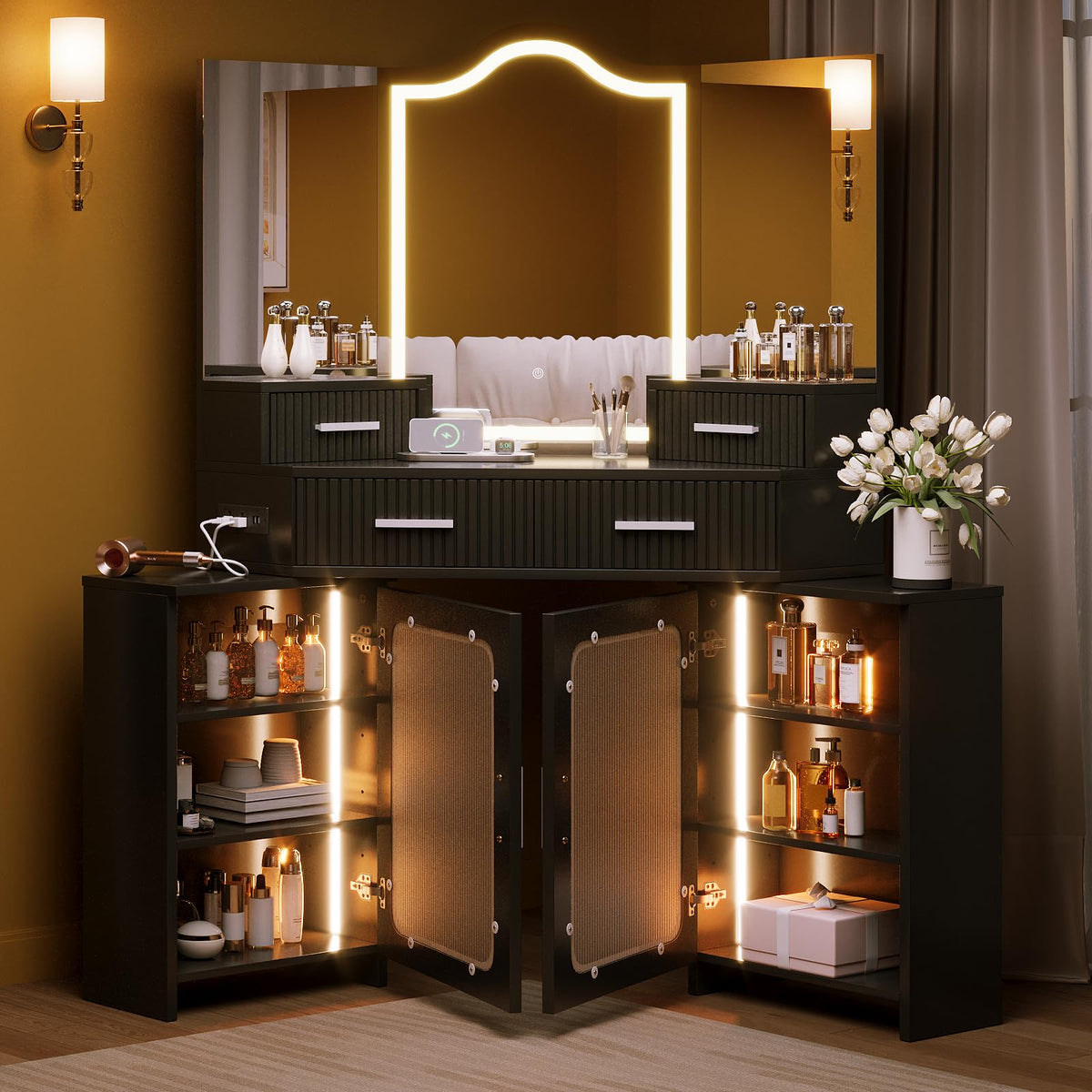 Corner Makeup Vanity with LED Mirrors