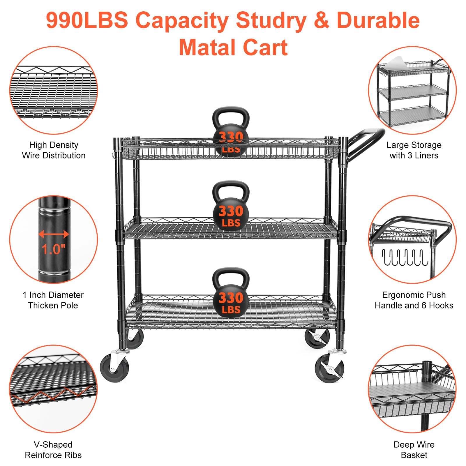 BolDuck Heavy Duty Utility Cart, 990Lbs Capacity 3 Tier Rolling Carts with Wheels, Kitchen Cart on Wheels with Storage, Commercial Grade Metal Serving Carts with Wire Shelving &Handle Bar, Black