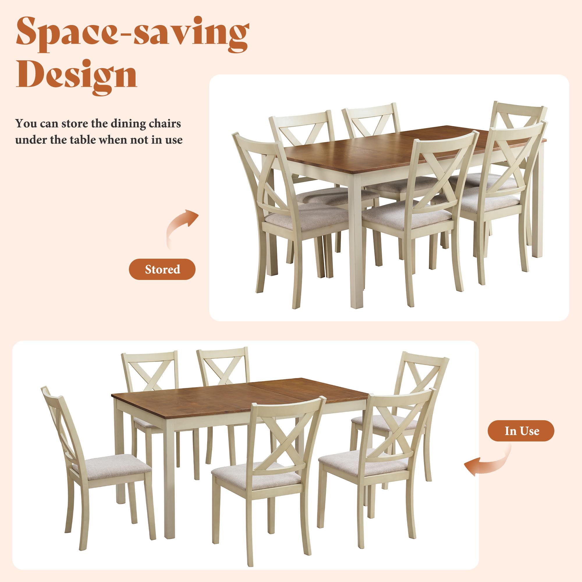 Farmhouse Solid Wood Dining Table Set with 6 Upholstered Chairs