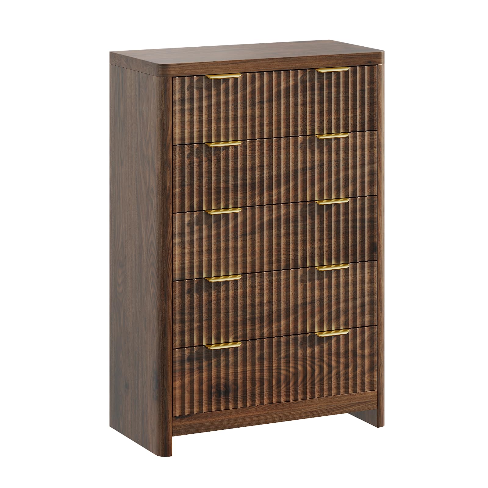 Varello Walnut Dresser for Bedroom with 5 Deep Drawers, 47" Tall Fluted Chest of Drawers with Storage & Round Corner, Mid Century Modern Closet Clothes Dresser, Wooden Storage Cabinet for Living Room