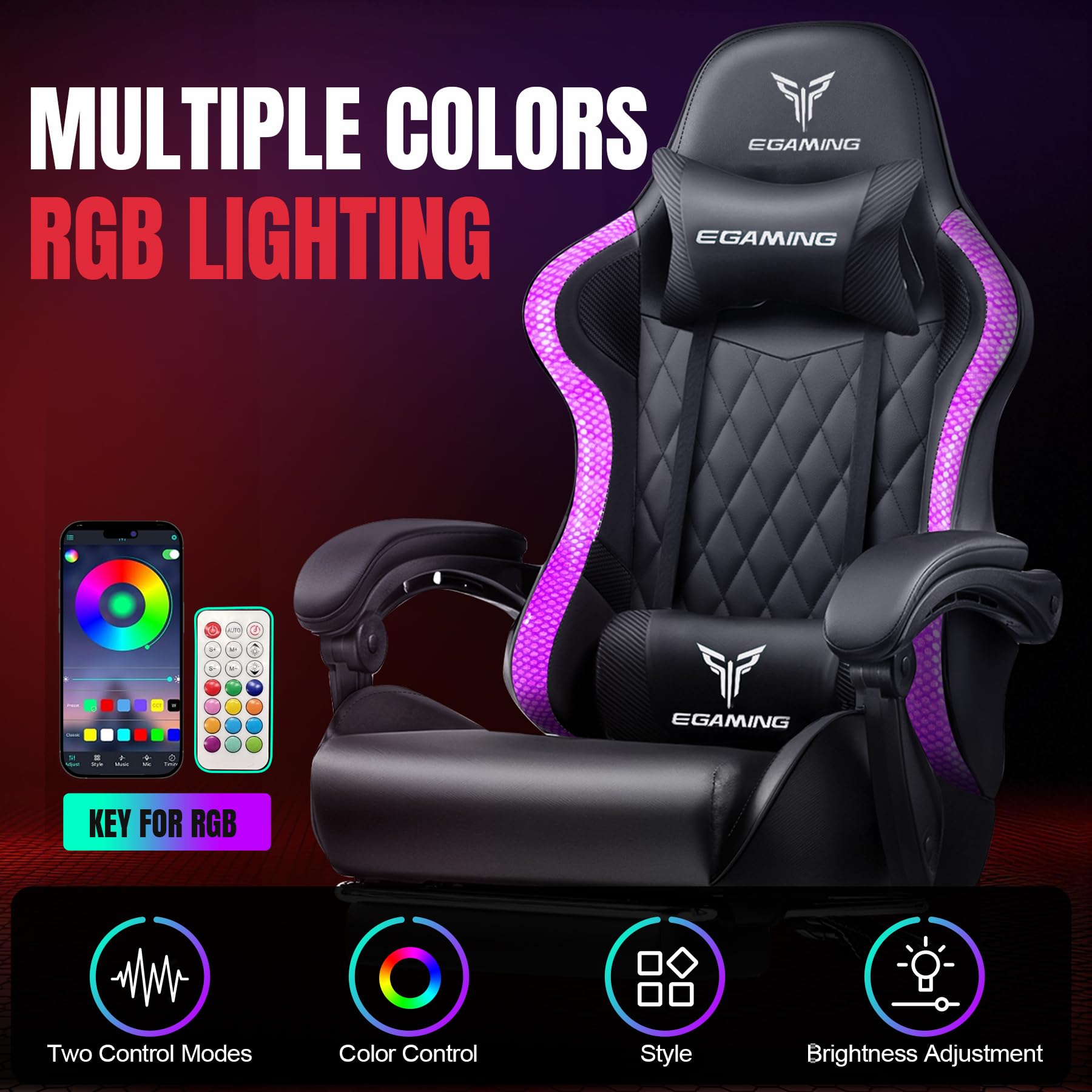 EXRACING Gaming Chair with Footrest Ergonomic High-Back PU Leather Computer Chair with RGB LED Lights Linkage Armrests Lumbar Support and Headrest 150°Reclining Diamond Quilted Office Chair for Adults