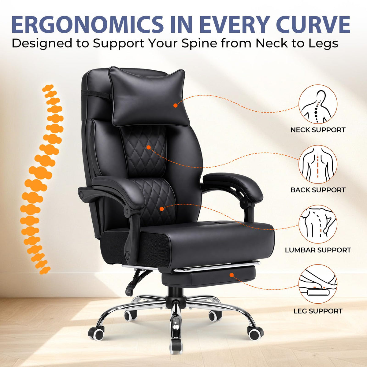 GTPLAYER Big and Tall Office Chair Heavy Duty Ergonomic Gaming Chair Black