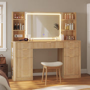 HAUOMS 51.2" Fluted Makeup Vanity Desk with Large 30.3" Mirror and Lights, 5 Drawer Vanity with Power Strip, 6 Open Shelves, 2 Cabinet，Modern Dressing Table with Solid Wood Legs for Bedroom, Oak