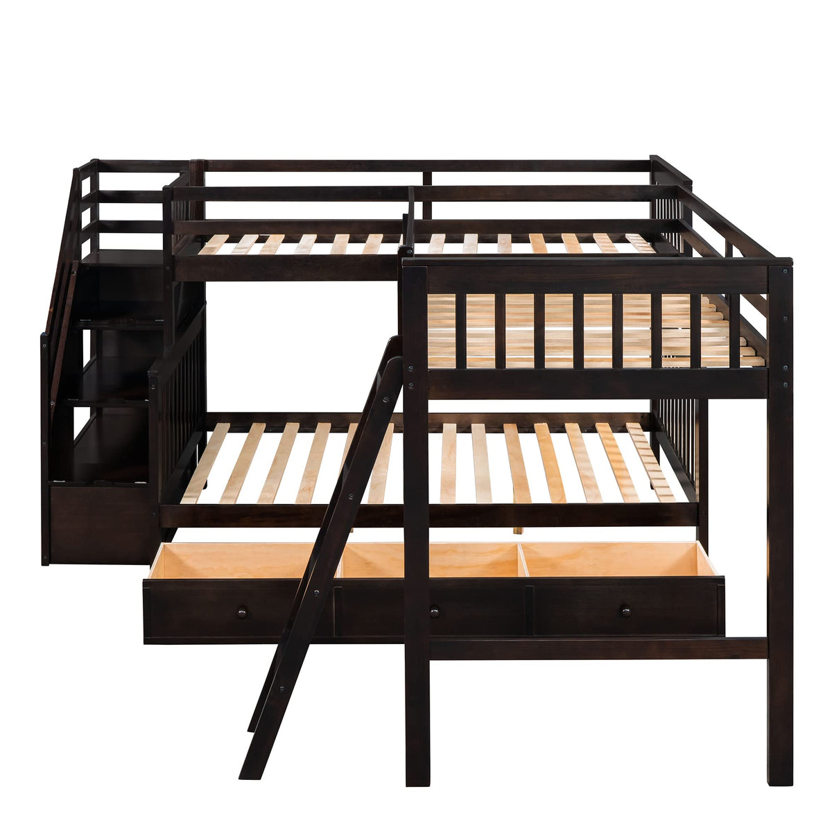 CITYLIGHT Triple Bunk Bed for Kids, Wooden L-Shaped Corner Bunk Bed with 3 Storage Drawers Attached a Twin Loft Bed,Bunk Beds with Stairs and Ladder for Boys Girls Teens,Espresso
