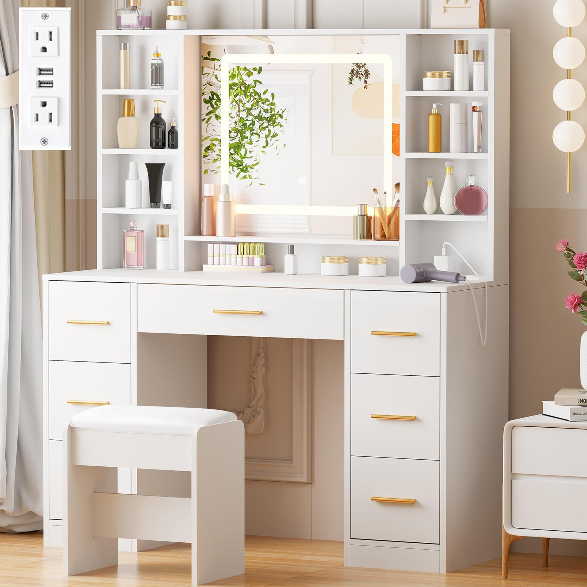 ANWBROAD Vanity Desk Table with Lighted Mirror 39.4“ Girls Makeup Vanity with Power Outlet 3 Colors Lighting Adjustable Brightness Vanity Table for Women Bedroom Dressing Room White UBDT65W