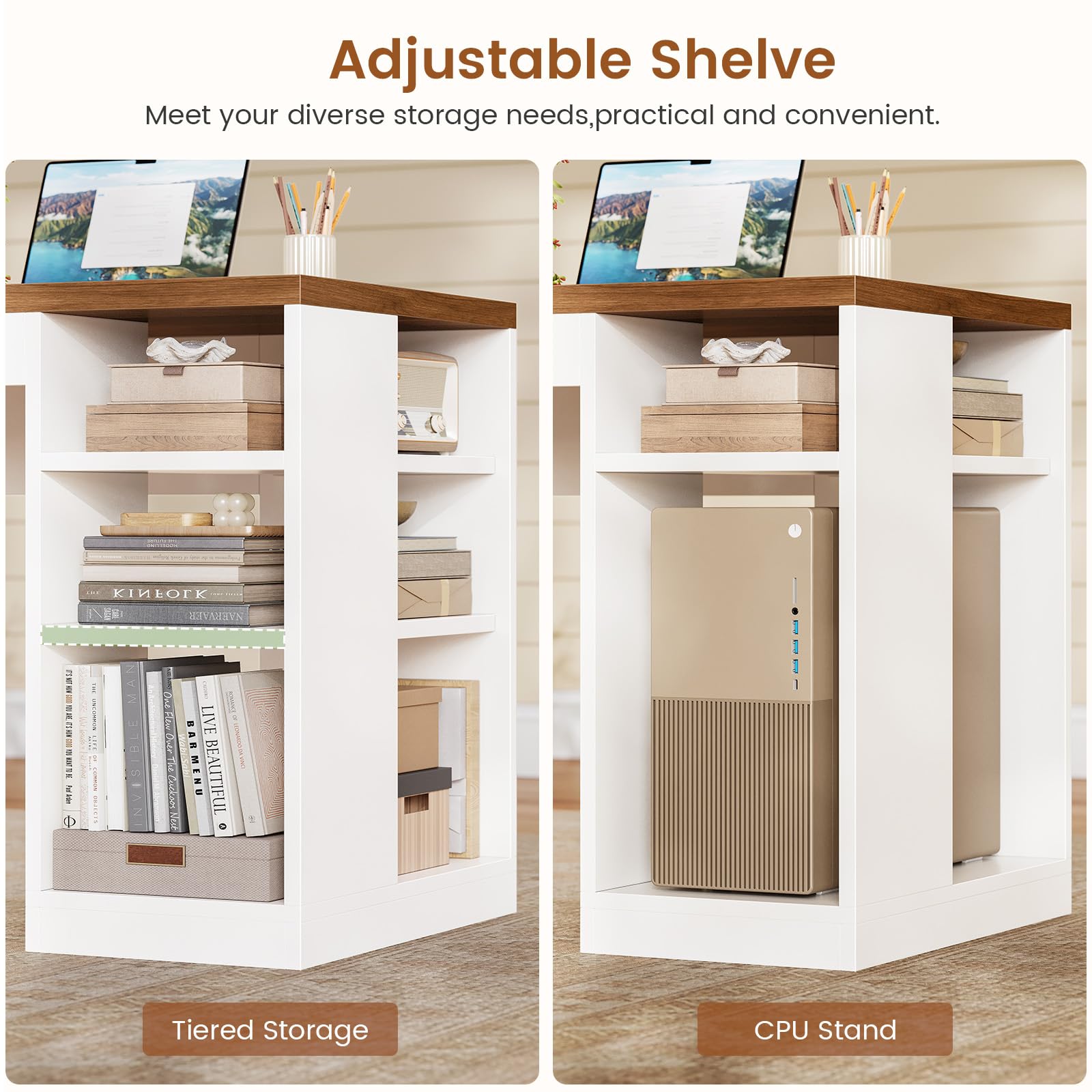 SEDETA L Shaped Desk with 2 Drawers, 65"x 59" Large Home Office Desk with Lockable File Drawer & Power Strip, Corner Desk with Storage & LED Strip, White + Brown