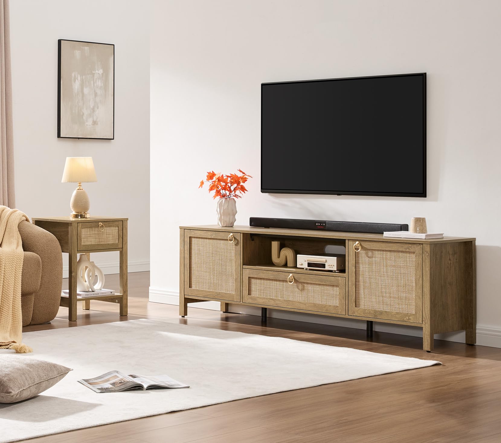 69" Rattan TV Stand with Drawer & Adjustable Shelves
