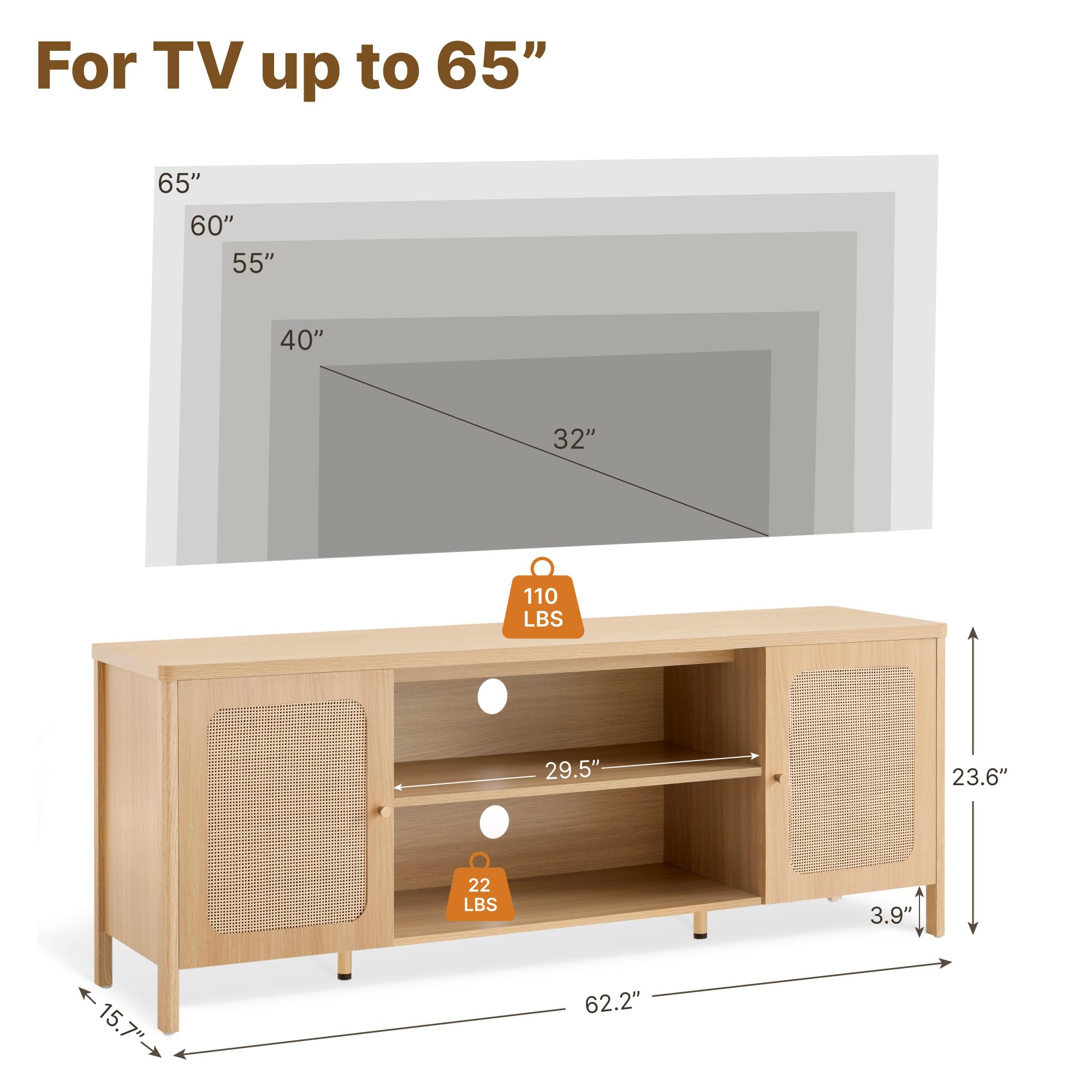 Boho Rattan TV Stand with Storage Cabinets