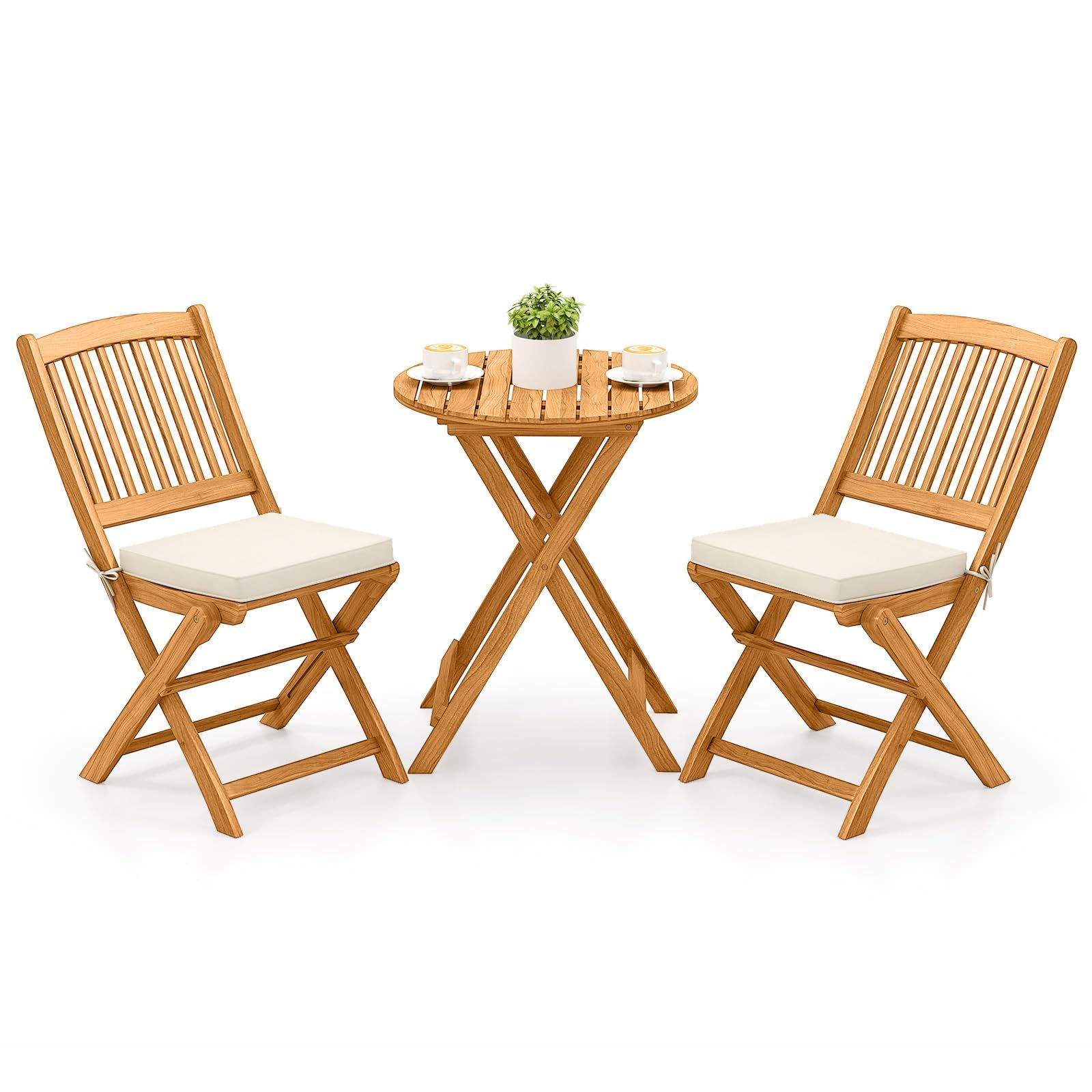 3-Piece Acacia Wood Folding Patio Bistro Set with Cushions