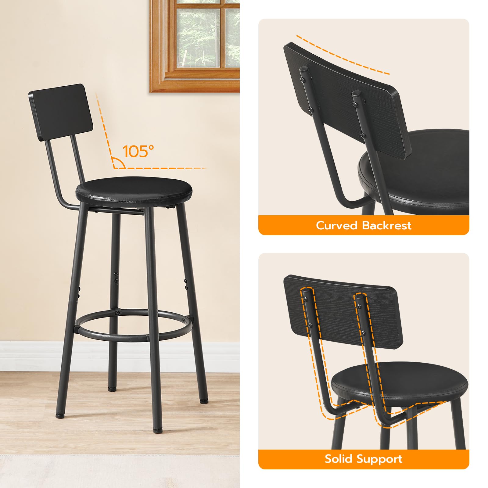 Bar Stools Set of 2 with Back & Footrest