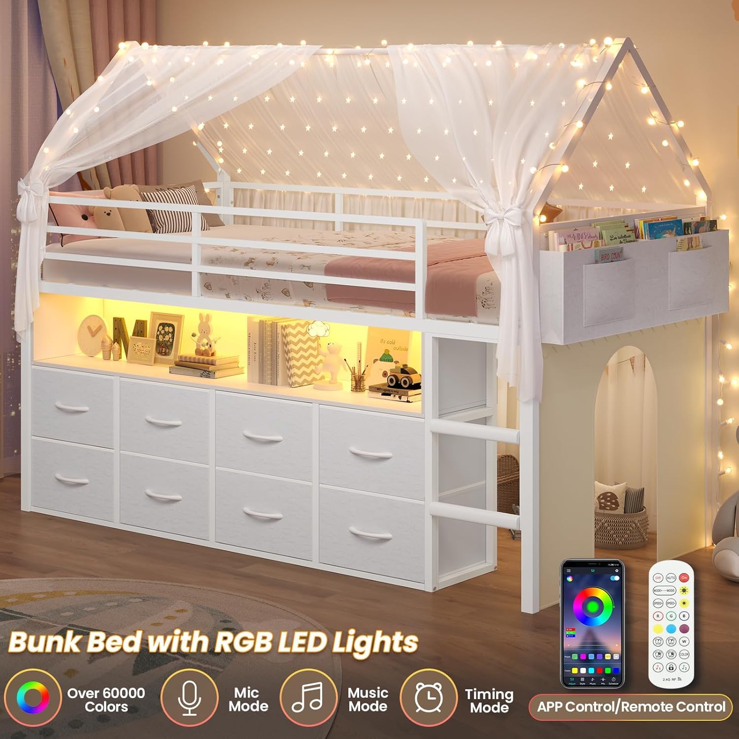 Twin Low Loft Bed with 8 Storage Drawers, LED Lights & House Design