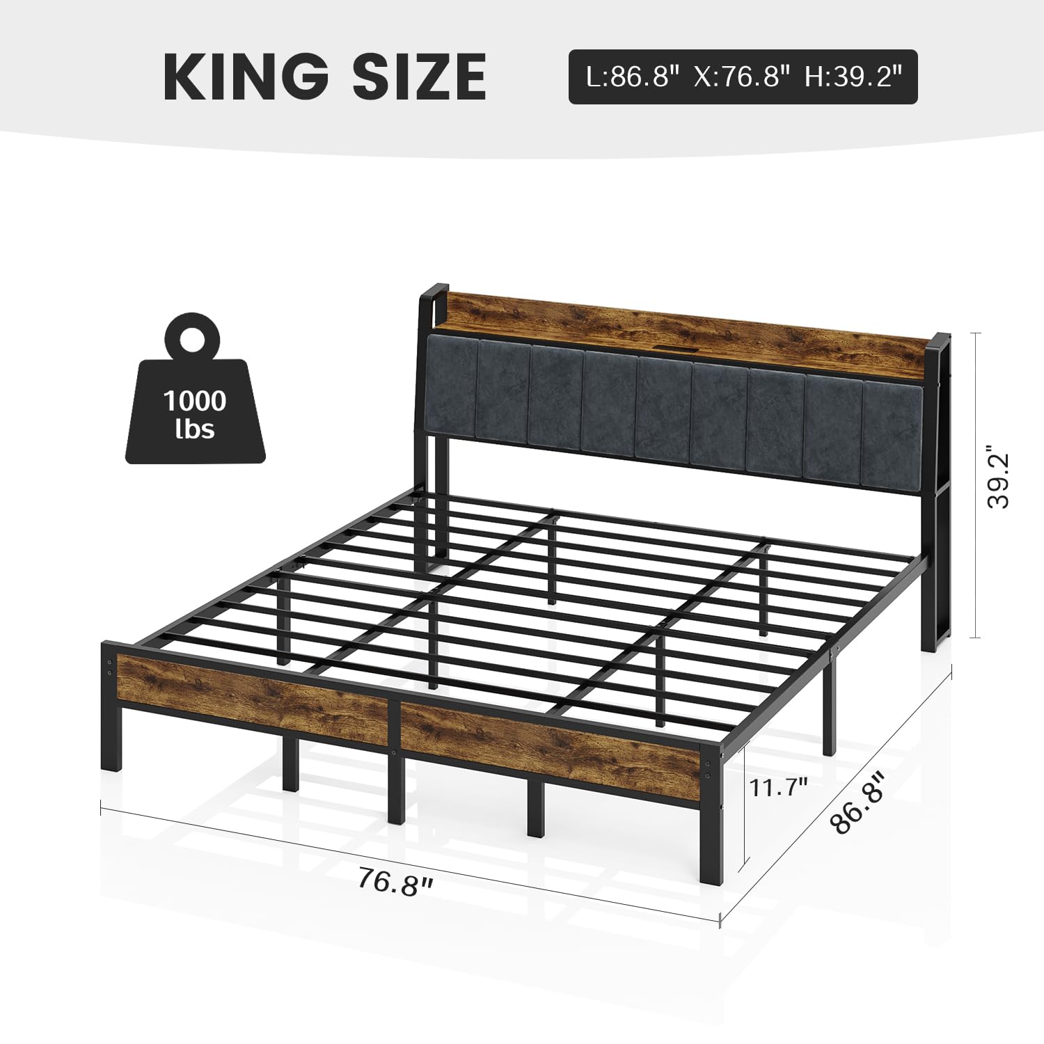 King Size Bed Frame with USB Charging Station, Storage Headboard with Smart LED Lights, Metal Platform Bed Noise Free, No Box Spring Needed, Easy Assembly