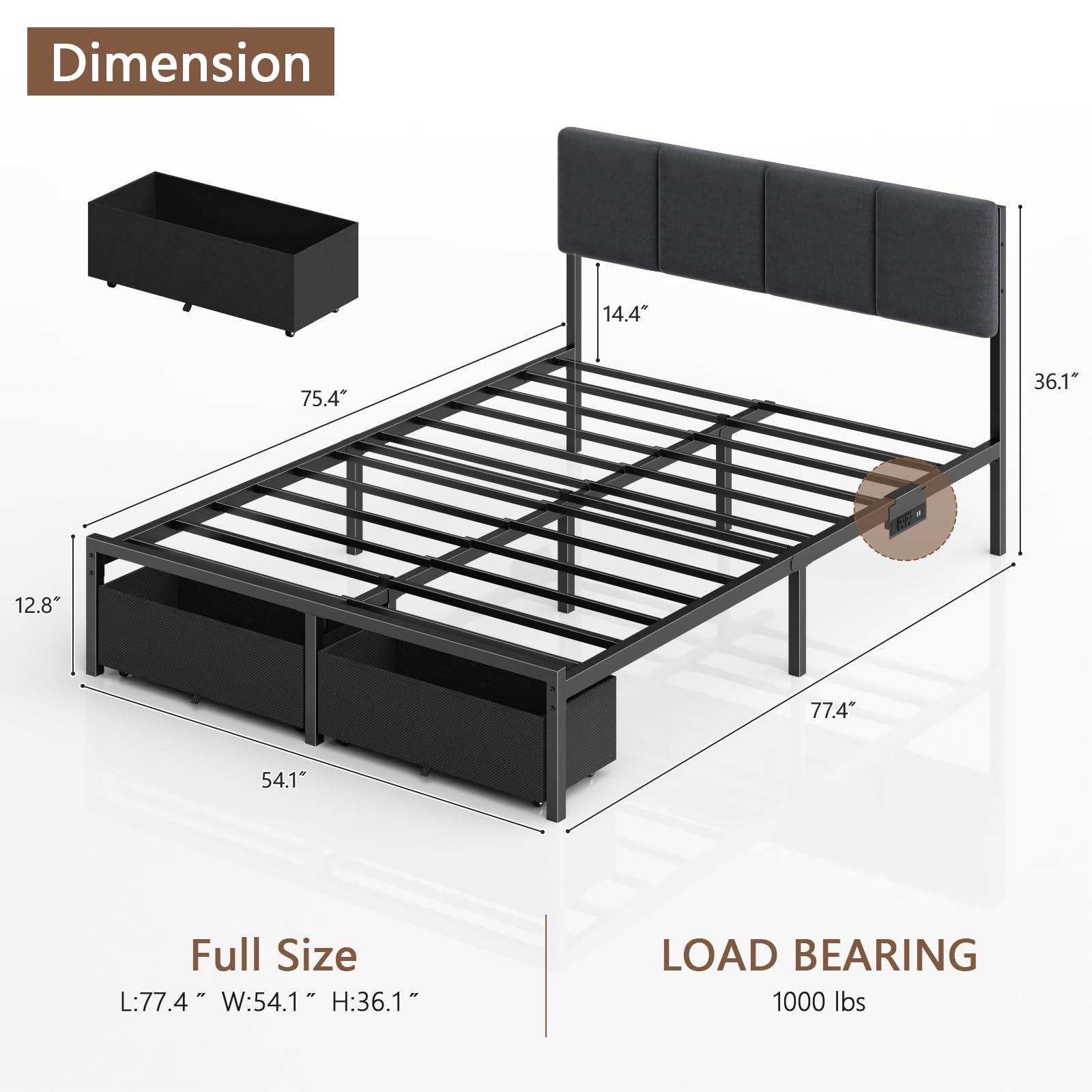 Full Size Bed Frame with LED Lighting & Storage Drawers