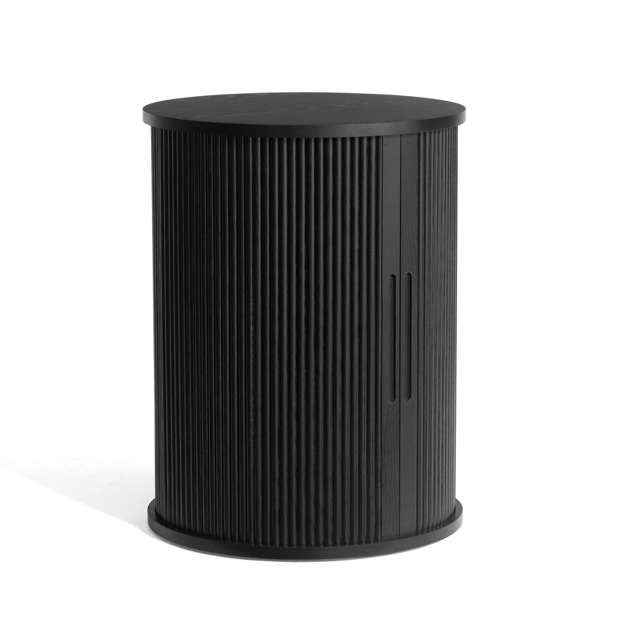 LINSY HOME Round Fluted End Table, Tall Side Table with Sliding Tambour Door and Storage Shelf, Mid Century Modern Nightstand for Living Room, Bedroom, Black