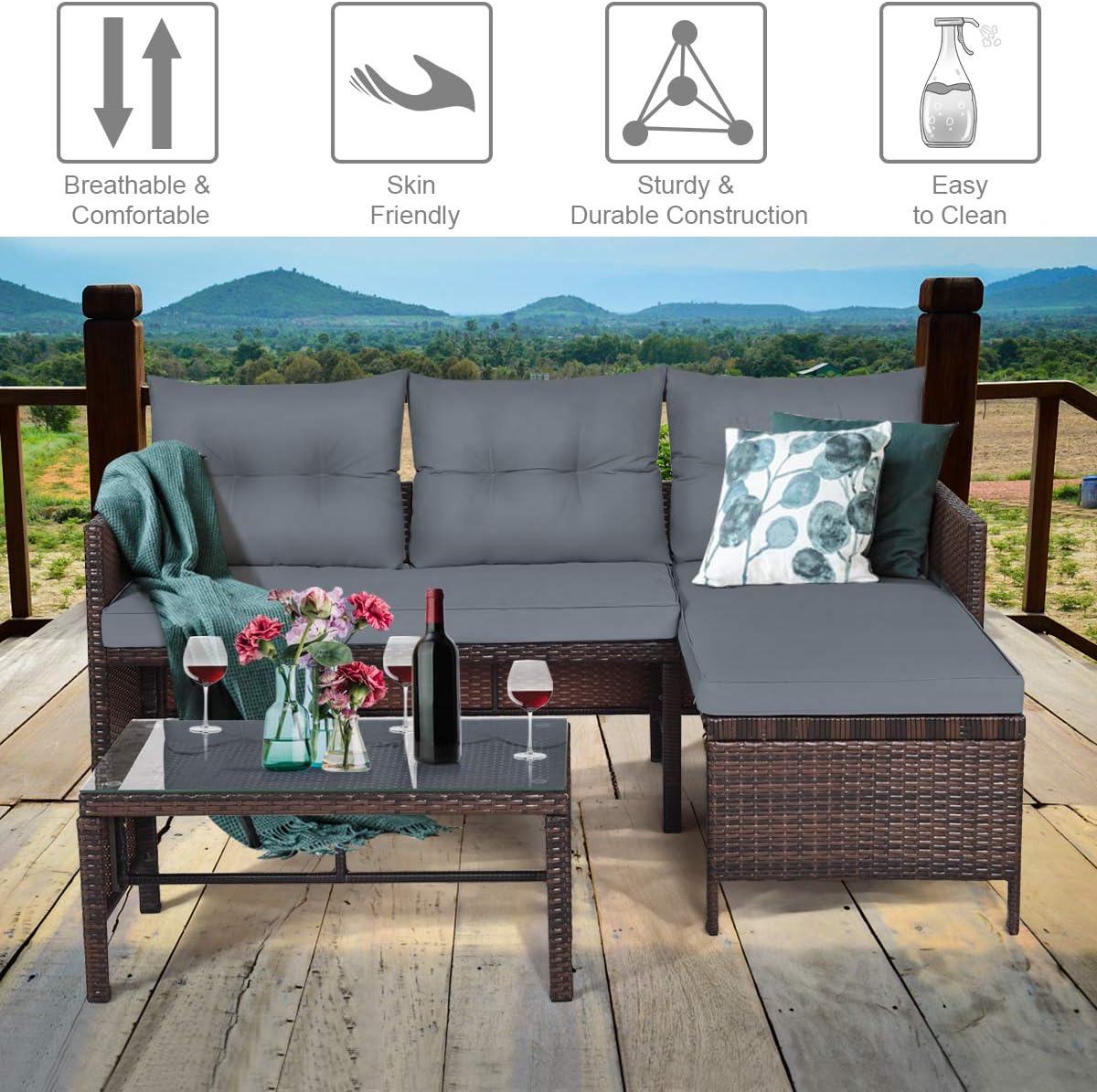 L-Shaped Outdoor Sectional Sofa Set, 3-Piece PE Rattan Patio Furniture with Coffee Table