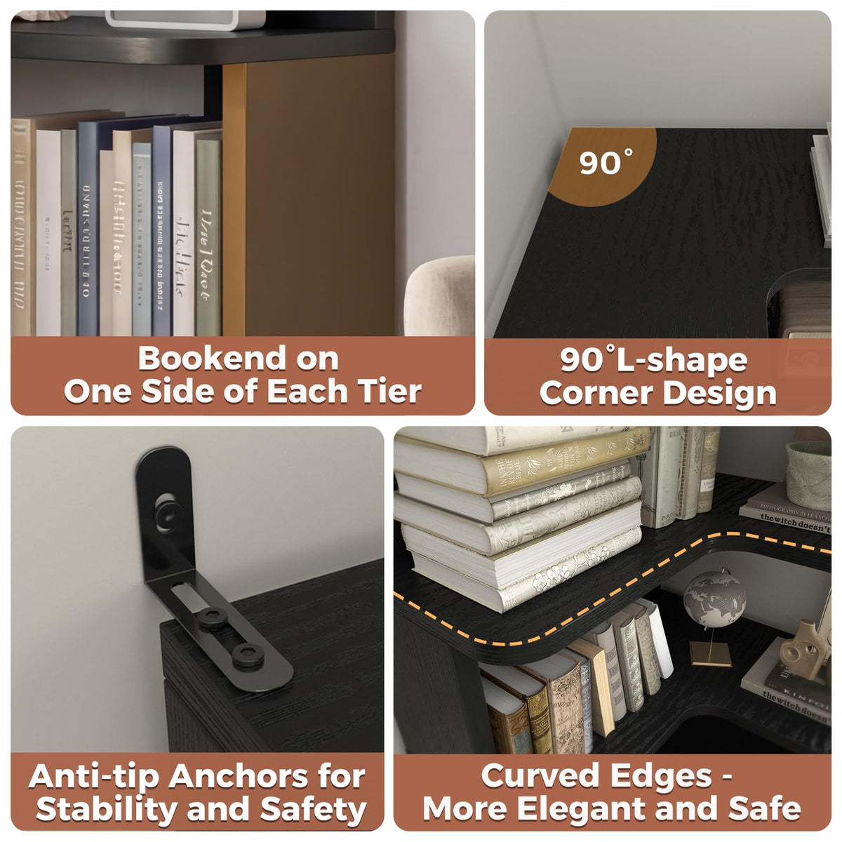 Besiost Corner Book Shelf, 6-Shelf Corner Bookshelf for Small Corner Spaces, L-Shape Bookcase Corner Display Shelf for Home Office, Living Room, Bedroom, Black