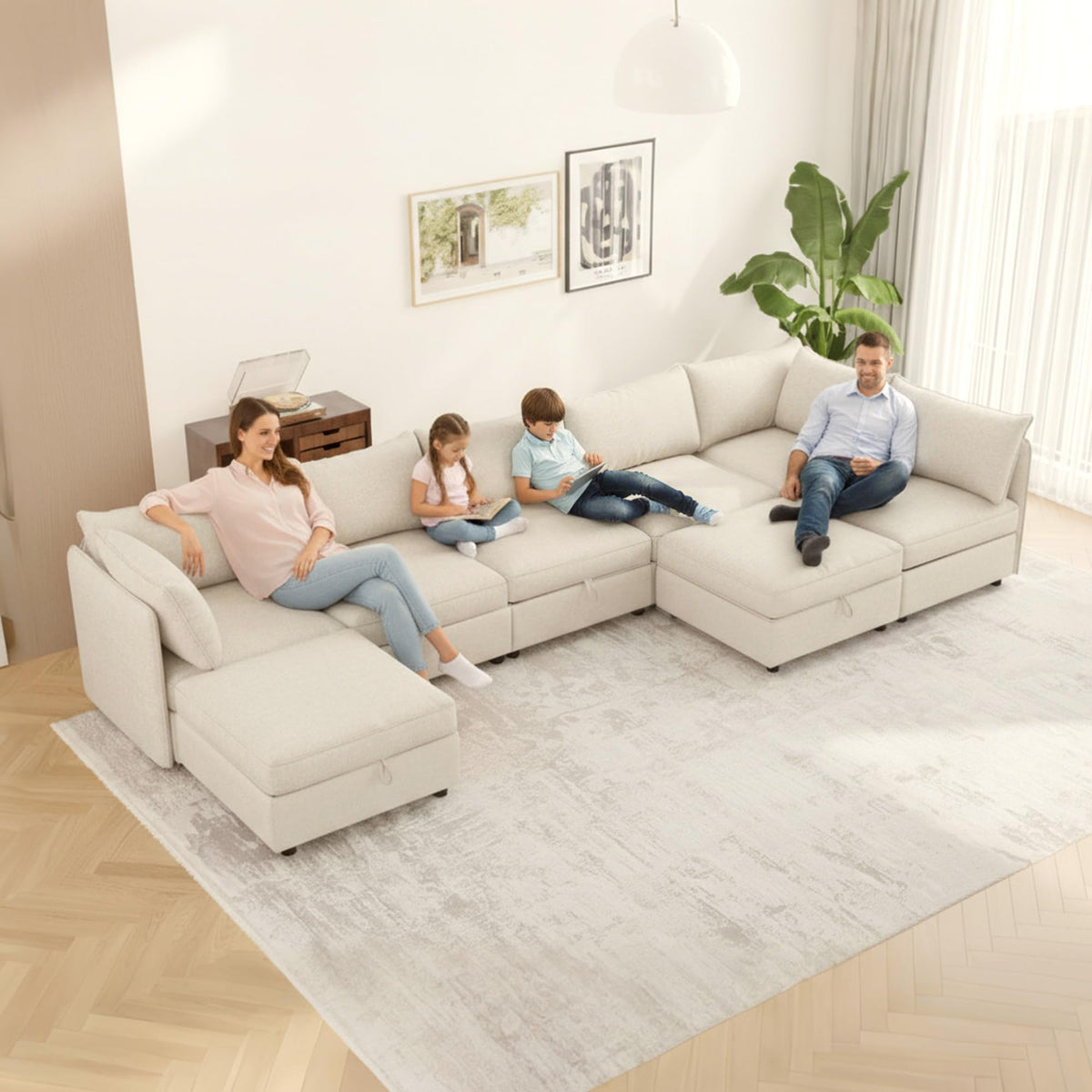 129'' Modular Sectional Sofa,8 Seat Chenille Sectional Sofa with Removable Covers,FSC Certified Modern Sectional Sofa with Storage & Ottoman,Convertible U/L Shaped Couch,Beige Couches for Living Room