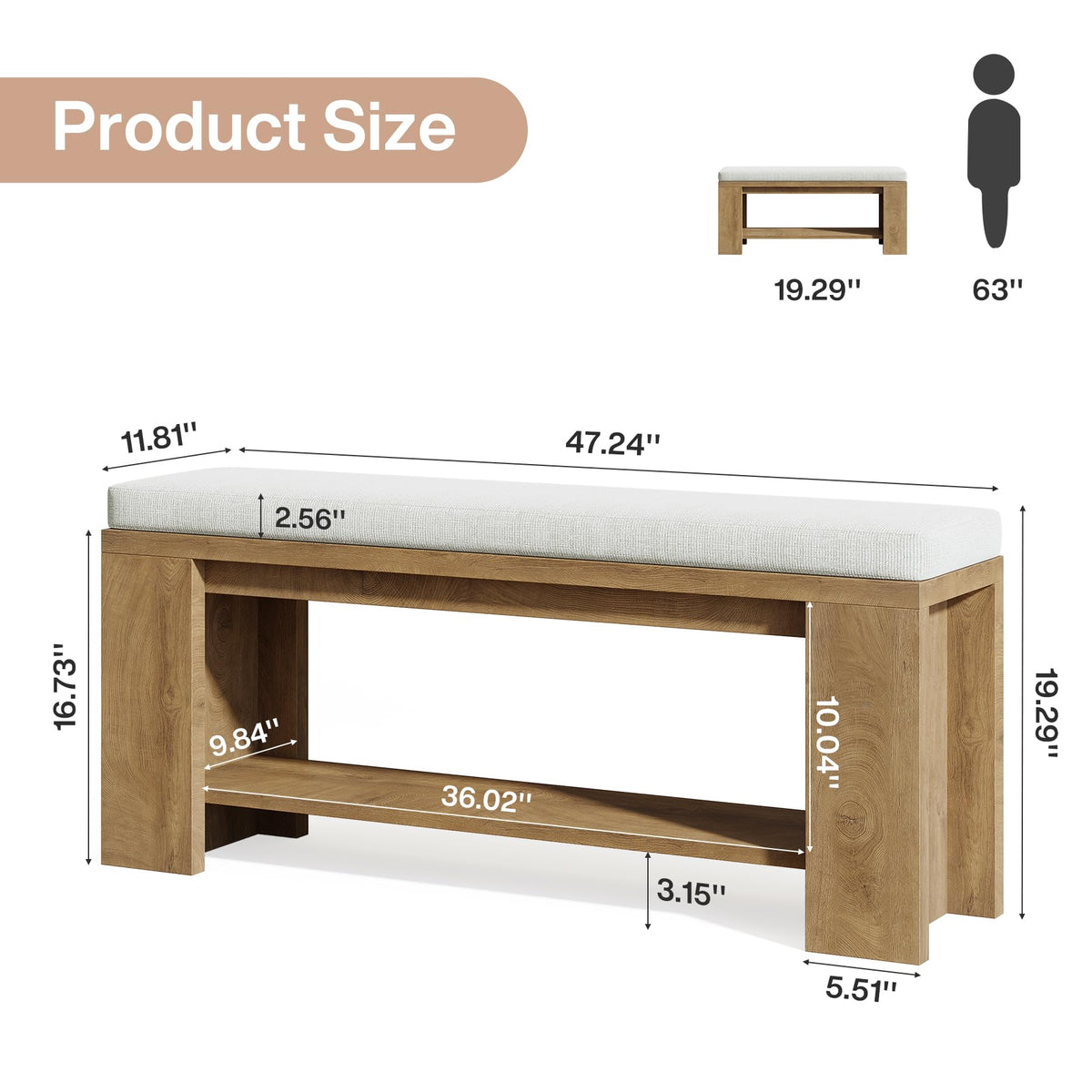 Tribesigns Upholstered Entryway Bench, 47-Inch Long Farmhouse End of Bed Bench with Padded Seat and MDF Frame, Rustic Indoor Cushion Seat for Entrance, Hallway, Bedroom