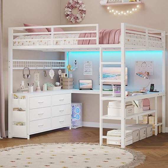 Full Size Loft Bed with U-Shaped Desk & Storage